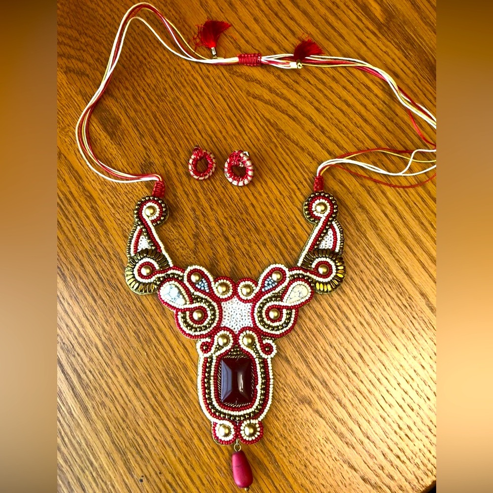 Handmade Jewel and Bead Statement Necklace and Earrings – Middle Eastern
